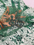 Flower Glitter Fabric - Hunter Green - 3D Floral Tulle Fabric for Wedding, Quinceañera By Yard