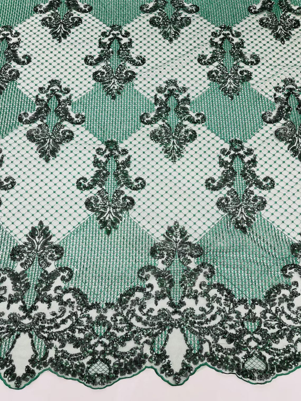 King Damask Design Fabric - Hunter Green - Embroidered Corded Mesh Lace Fabric with Sequins By Yard