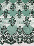 King Damask Design Fabric - Hunter Green - Embroidered Corded Mesh Lace Fabric with Sequins By Yard