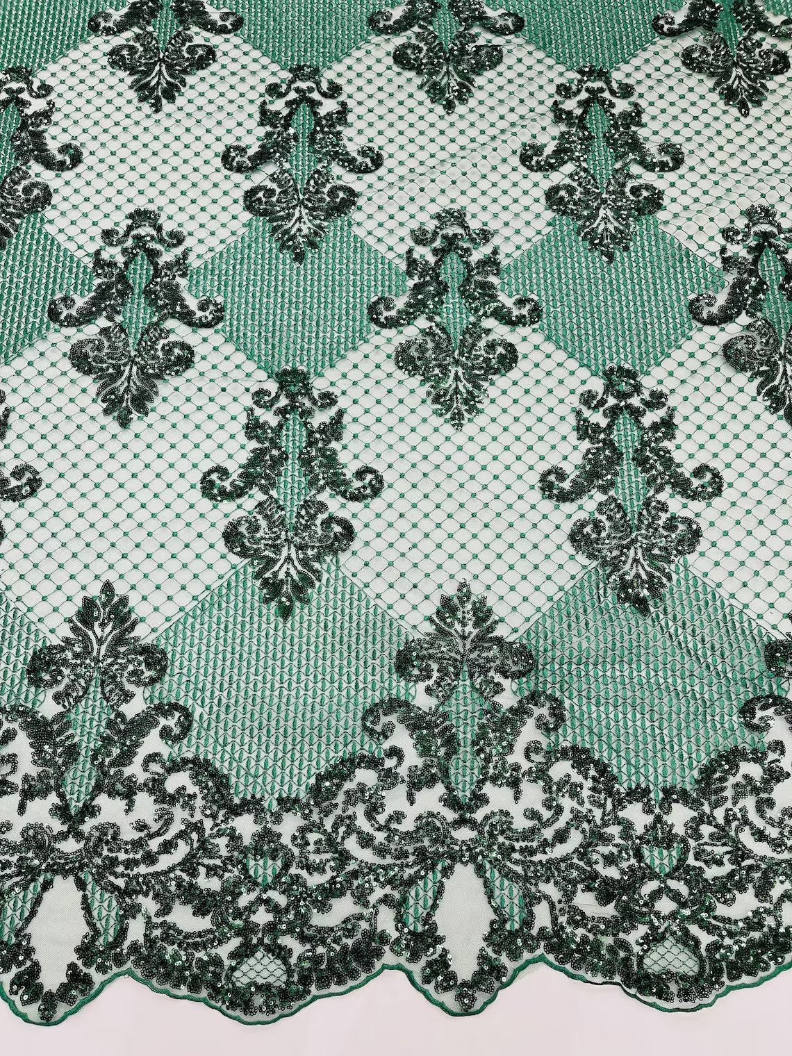 King Damask Design Fabric - Hunter Green - Embroidered Corded Mesh Lace Fabric with Sequins By Yard
