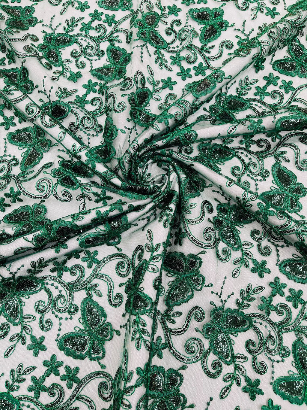 Butterfly Sequins Fabric - Hunter Green - Metallic Floral Butterfly Design on Lace Fabric By Yard