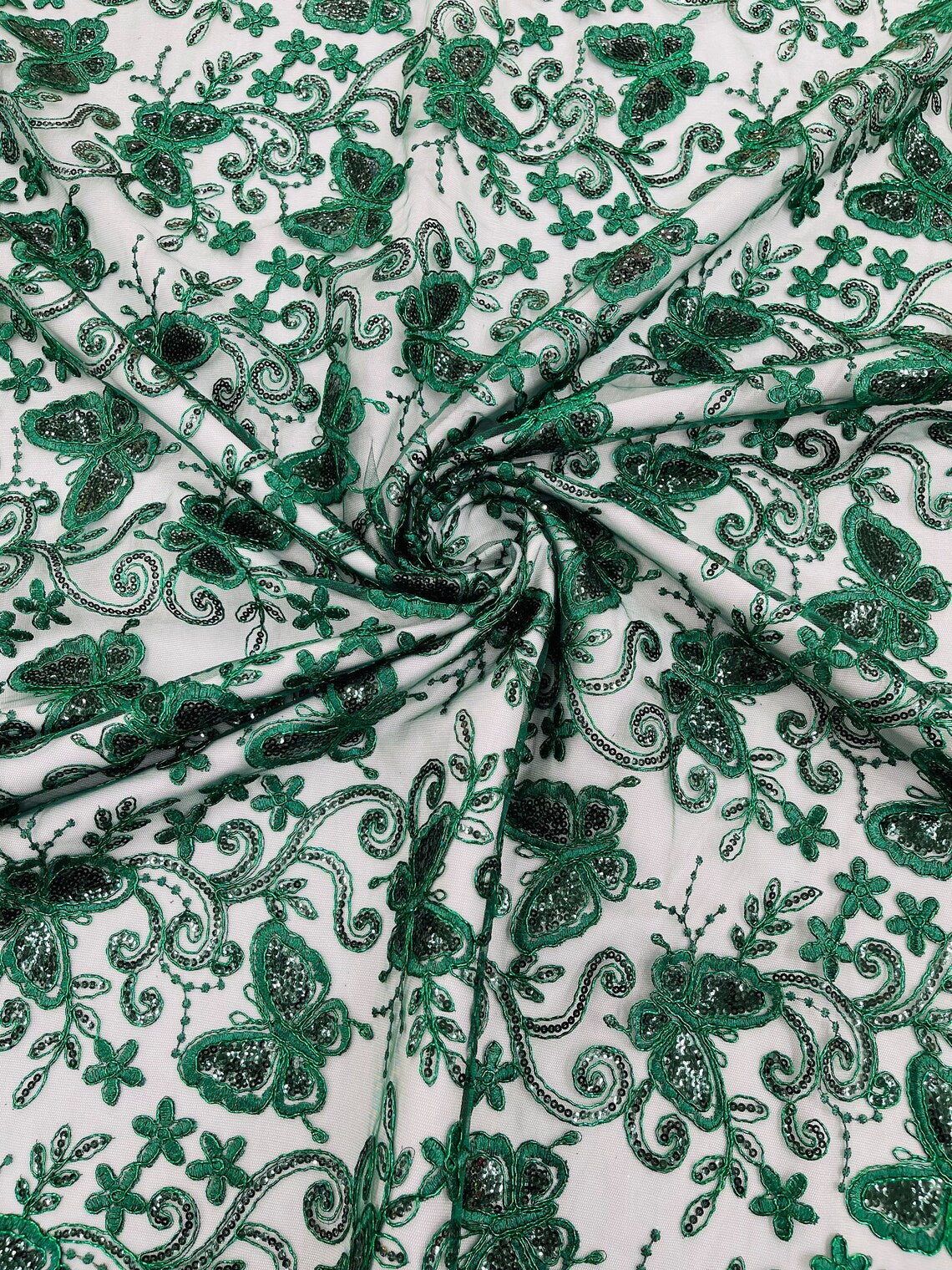 Butterfly Sequins Fabric - Hunter Green - Metallic Floral Butterfly Design on Lace Fabric By Yard