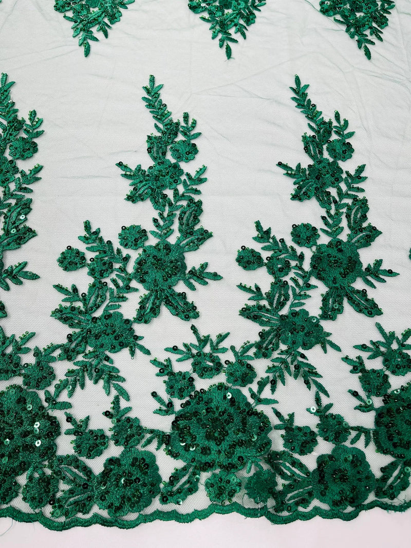 Beaded Rose Flower Fabric - Hunter Green - Embroidered Beaded Long Border Floral Fabric By Yard