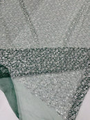 Small Beaded Flower Pearl Fabric - Hunter Green - Pearls and Beads Embroidered Fabric By Yard