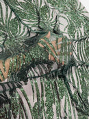 Wavy Leaf Sequins Fabric - Hunter Green - Wavy Lines and Leaves Design on Lace Mesh Fabric by Yard
