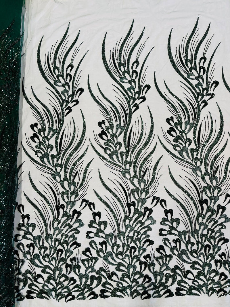 Fancy Wavy Leaf Bead Fabric - Hunter Green - Leaf Line Beaded Design Embroidered Mesh By Yard