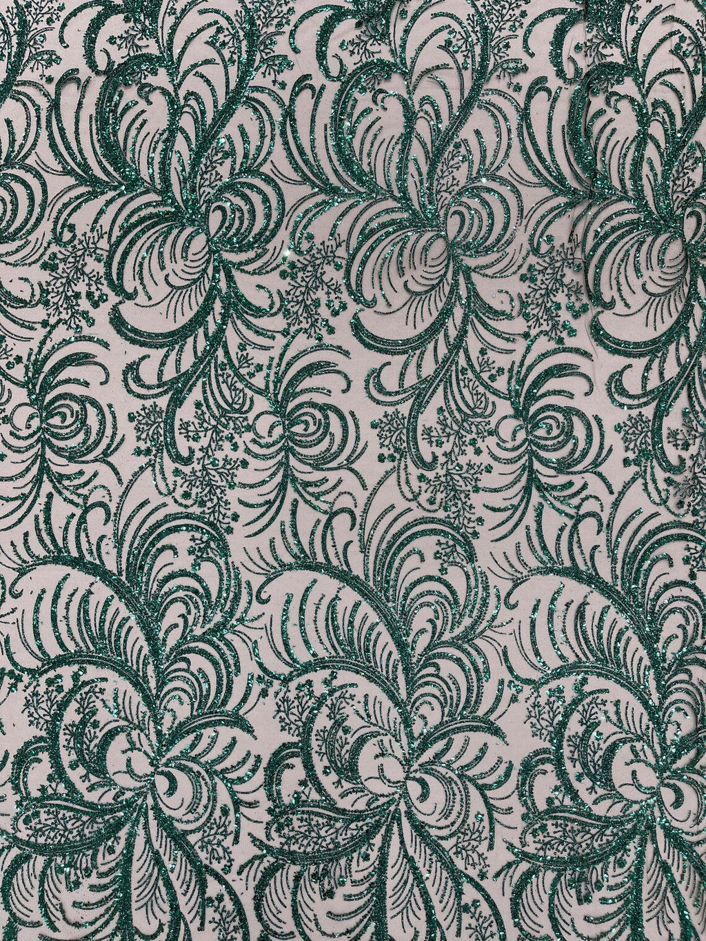 Glitter Palm Leaf Design Fabric - Hunter Green - Tulle Mesh Glitter Leaf Design Fabric Sold By Yard