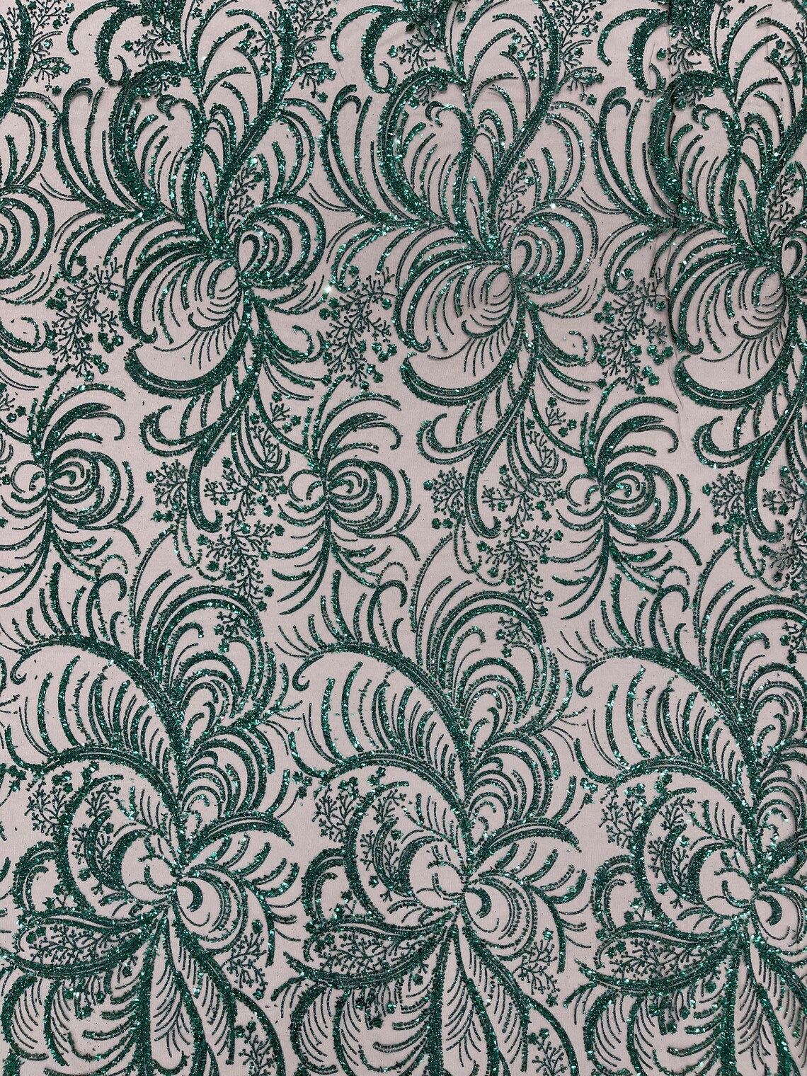 Glitter Palm Leaf Design Fabric - Hunter Green - Tulle Mesh Glitter Leaf Design Fabric Sold By Yard