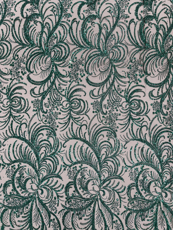 Glitter Palm Leaf Design Fabric - Hunter Green - Tulle Mesh Glitter Leaf Design Fabric Sold By Yard