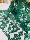 King Lace Pattern Fabric - Hunter Green - Embroidered Sequins on Lace Mesh Fabric By Yard