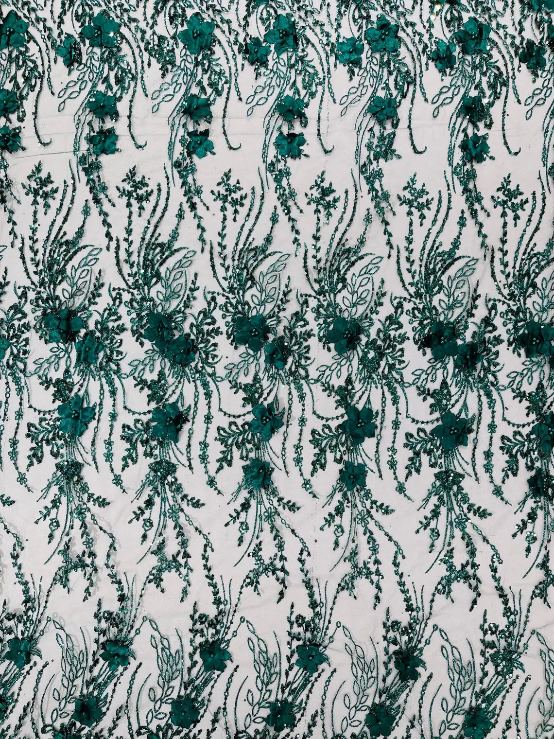 3D Glitter Floral Design Fabric - Hunter Green - Floral Line Design Embroidered Sequins Fabric by Yard