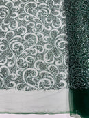 Beaded Swirl Design Fabric - Hunter Green - Swirl Design with Beads and Sequins on Lace by Yard