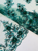 3D Floral Rhinestone Fabric - Hunter Green - Beaded Flower Clusters with Rhinestones / Sequins By Yard