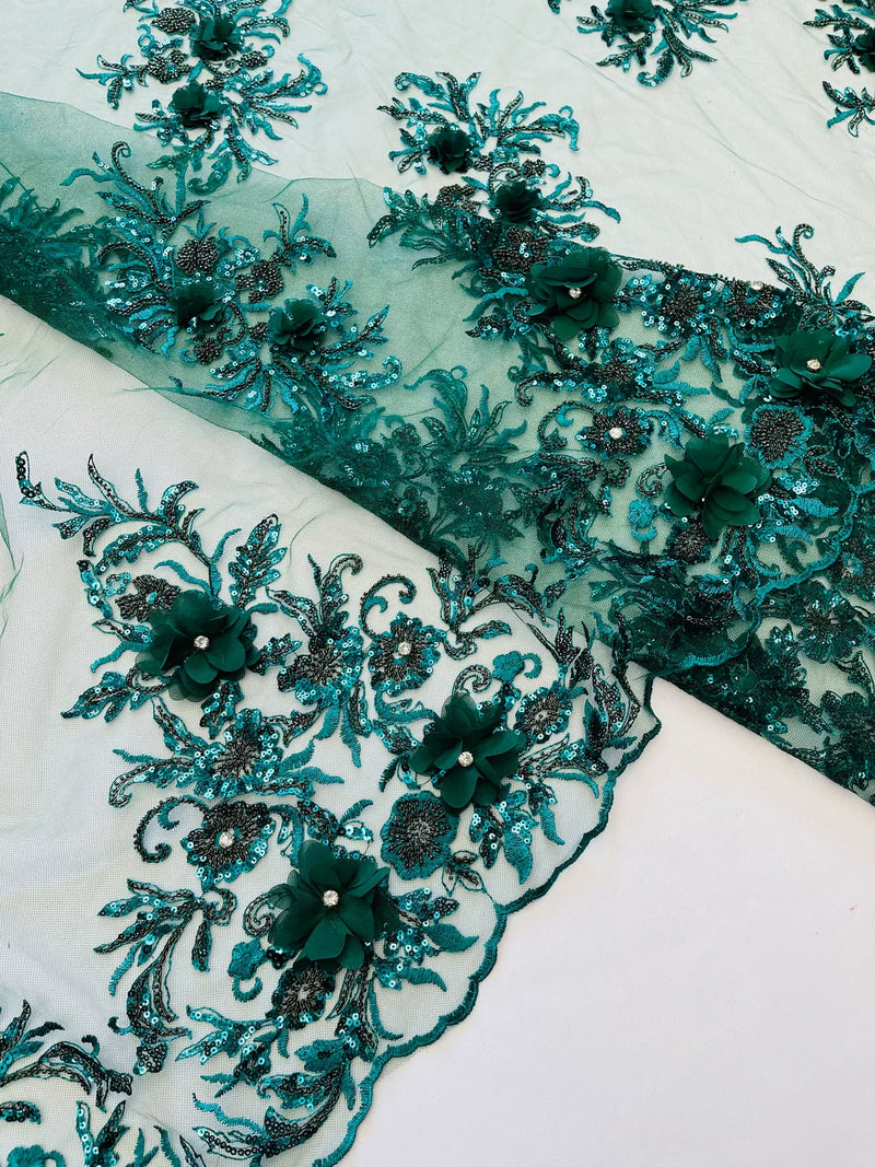 Cute Rhinestone Clusters 3D Floral Rhinestone Fabric - Hunter Green - Beaded Flower Clusters wi