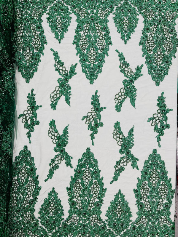 Heavy Bead Floral Fabric - Hunter Green - Beaded Flower Design Fabric Fancy Border By Yard