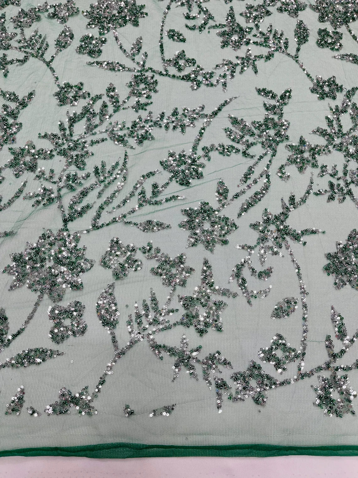 Floral Silver Beaded Fabric - Hunter Green - Flower Design with Silver Beads and Sequins on Lace by Yard