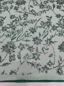 Floral Silver Beaded Fabric - Hunter Green - Flower Design with Silver Beads and Sequins on Lace by Yard