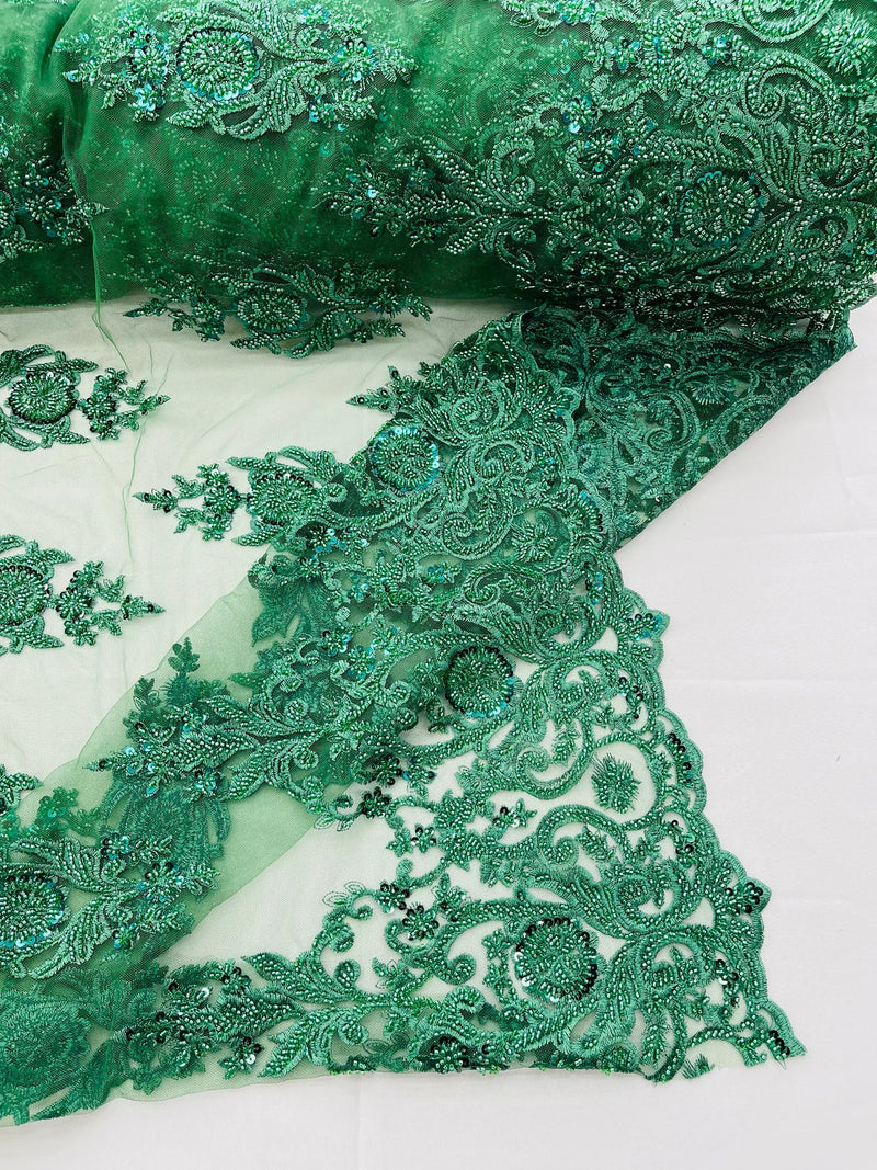 Floral Bead Embroidery Fabric - Hunter Green - Damask Floral Bead Bridal Lace Fabric by the yard