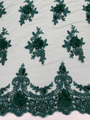 3D Floral Pearl Design - Hunter Green - Floral Embroidered Pearls and Sequins Fabric By Yard