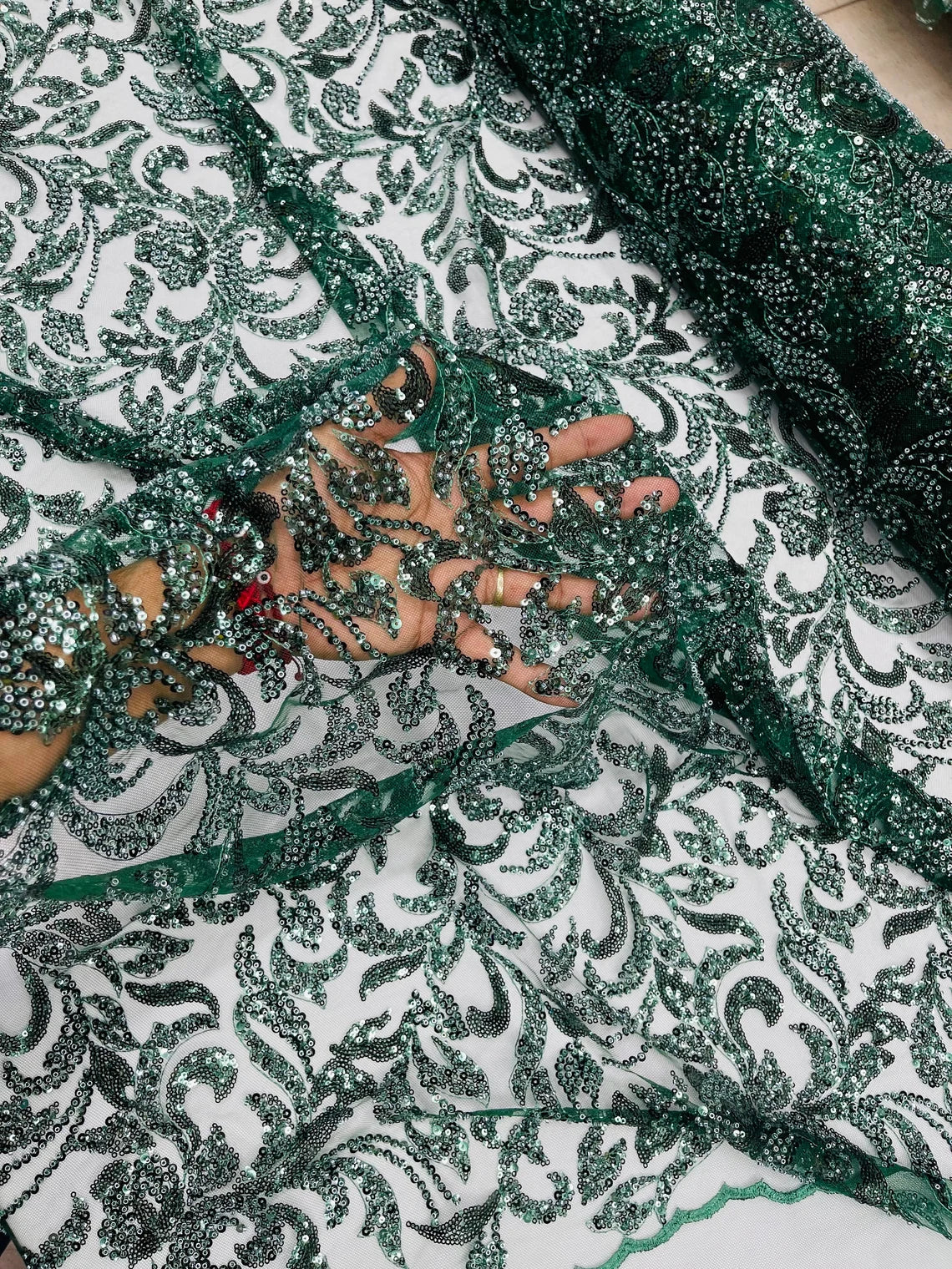 Beaded Flower Leaf Fabric - Hunter Green - Shiny Beads and Sequins in Flower Design on Lace by Yard