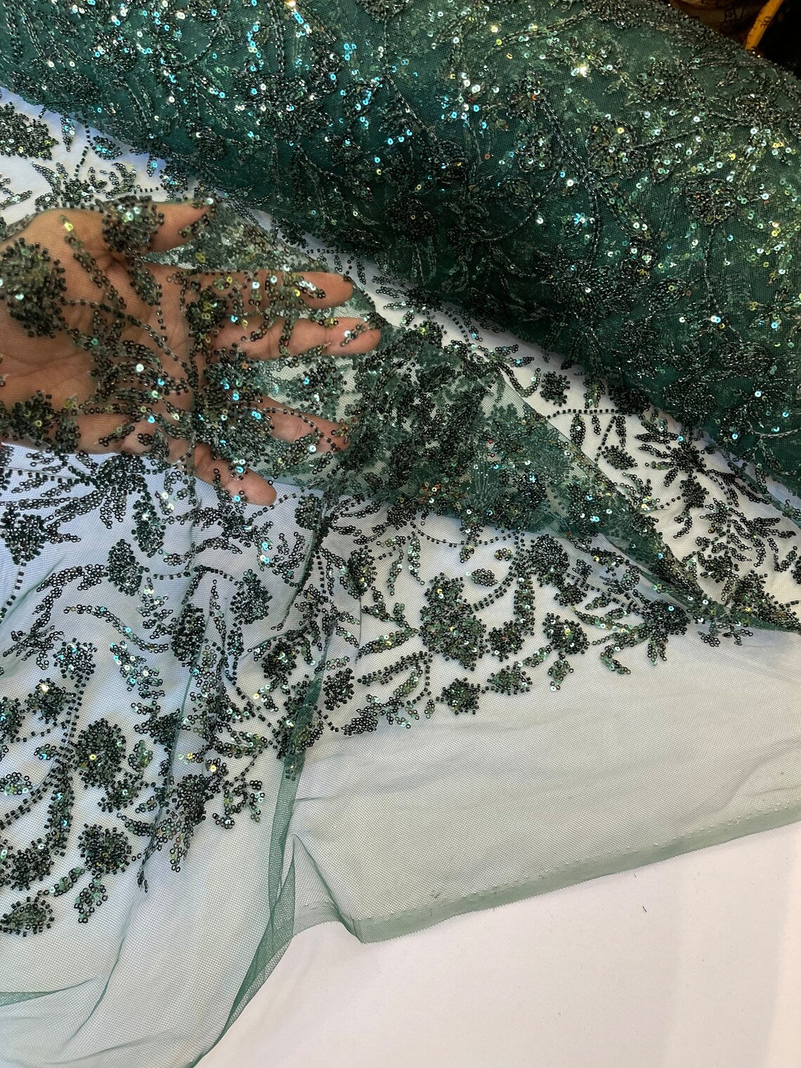 Beaded Floral Plant Design - Hunter Green - Embroidered Beaded Flower Plants Sequins Fabric By Yard