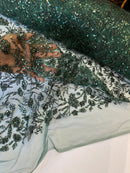 Beaded Floral Plant Design - Hunter Green - Embroidered Beaded Flower Plants Sequins Fabric By Yard