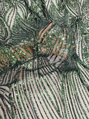 Curvy Line Design Fabric - Hunter Green - 4 Way Stretch Sequins Design Mesh Lace Fabric by Yard
