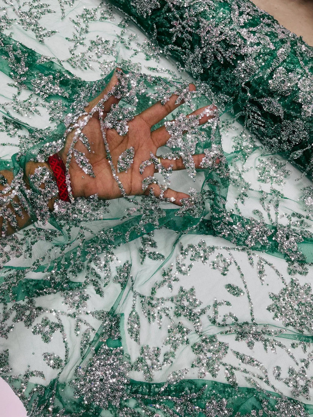Floral Silver Beaded Fabric - Hunter Green - Flower Design with Silver Beads and Sequins on Lace by Yard