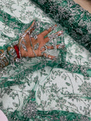 Floral Silver Beaded Fabric - Hunter Green - Flower Design with Silver Beads and Sequins on Lace by Yard