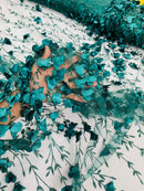 3D Flower Glitter Fabric - Hunter Green - Flower Design on Glitter Mesh Fabric Sold By Yard