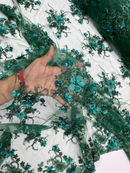 3D Flower Sequins Design - Hunter Green - Embroidered Pearl Sequins Floral Clusters Lace Fabric By Yard