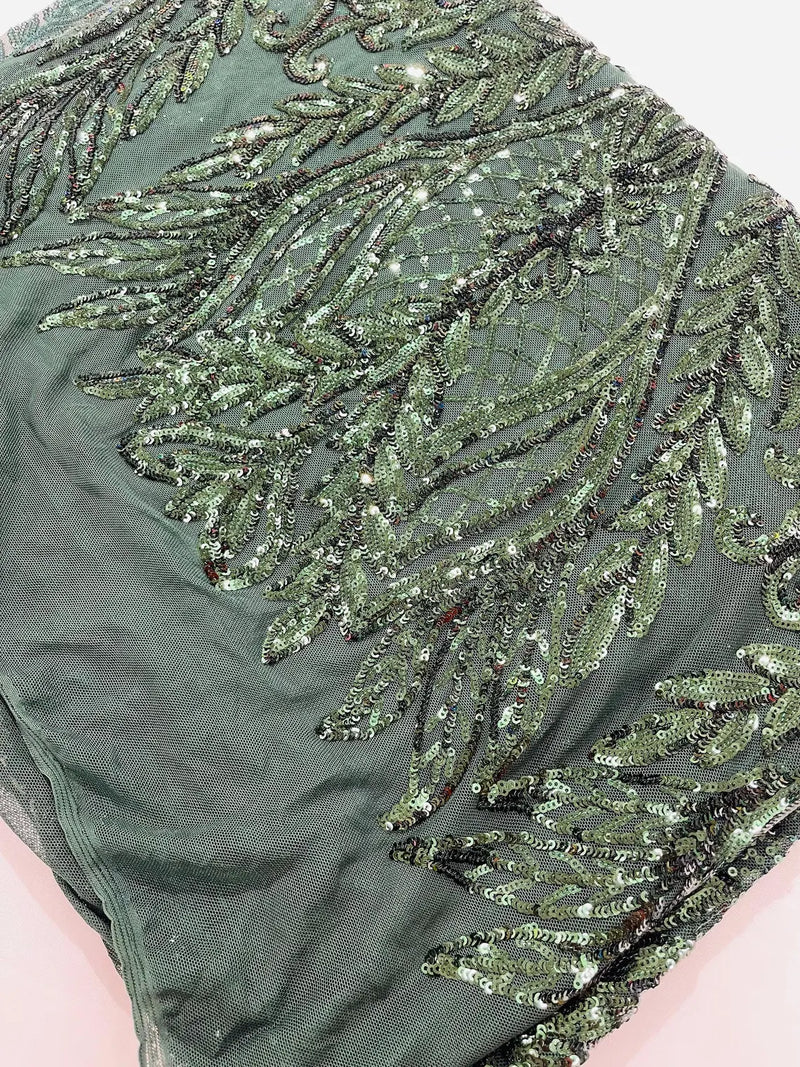 Mermaid Design Sequins Fabric - Hunter Green - Sequins Fabric 4 Way Stretch on Mesh By Yard