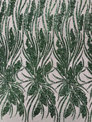 Wavy Leaf Sequins Fabric - Hunter Green - Wavy Lines and Leaves Design on Lace Mesh Fabric by Yard