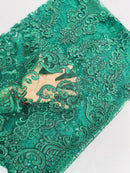 King Lace Pattern Fabric - Hunter Green - Embroidered Sequins on Lace Mesh Fabric By Yard