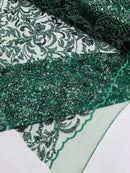 Beaded Flower Leaf Fabric - Hunter Green - Shiny Beads and Sequins in Flower Design on Lace by Yard