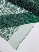 Beaded Swirl Design Fabric - Hunter Green - Swirl Design with Beads and Sequins on Lace by Yard