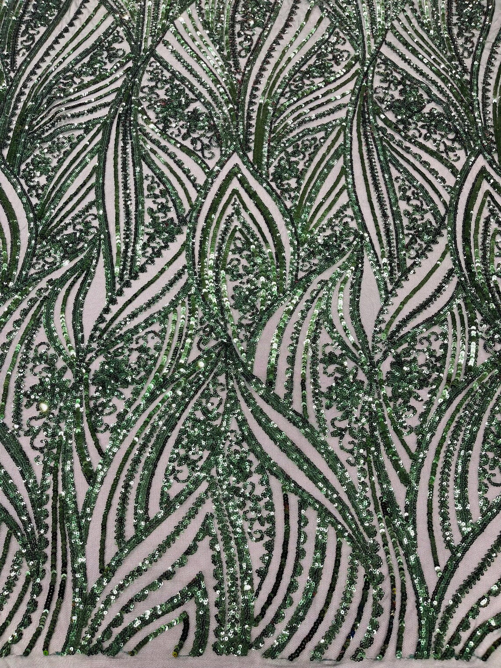 Curvy Line Design Fabric - Hunter Green - 4 Way Stretch Sequins Design Mesh Lace Fabric by Yard