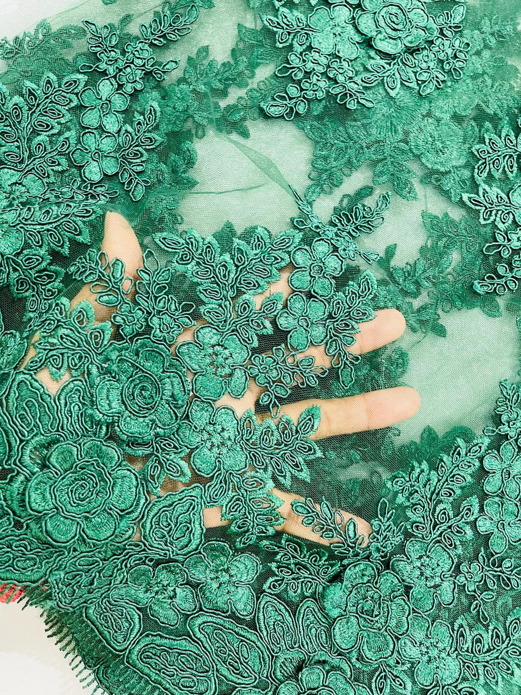 Corded Floral 3D Fabric - Hunter Green - Embroidered Floral Design on Lace Mesh Fabric by Yard