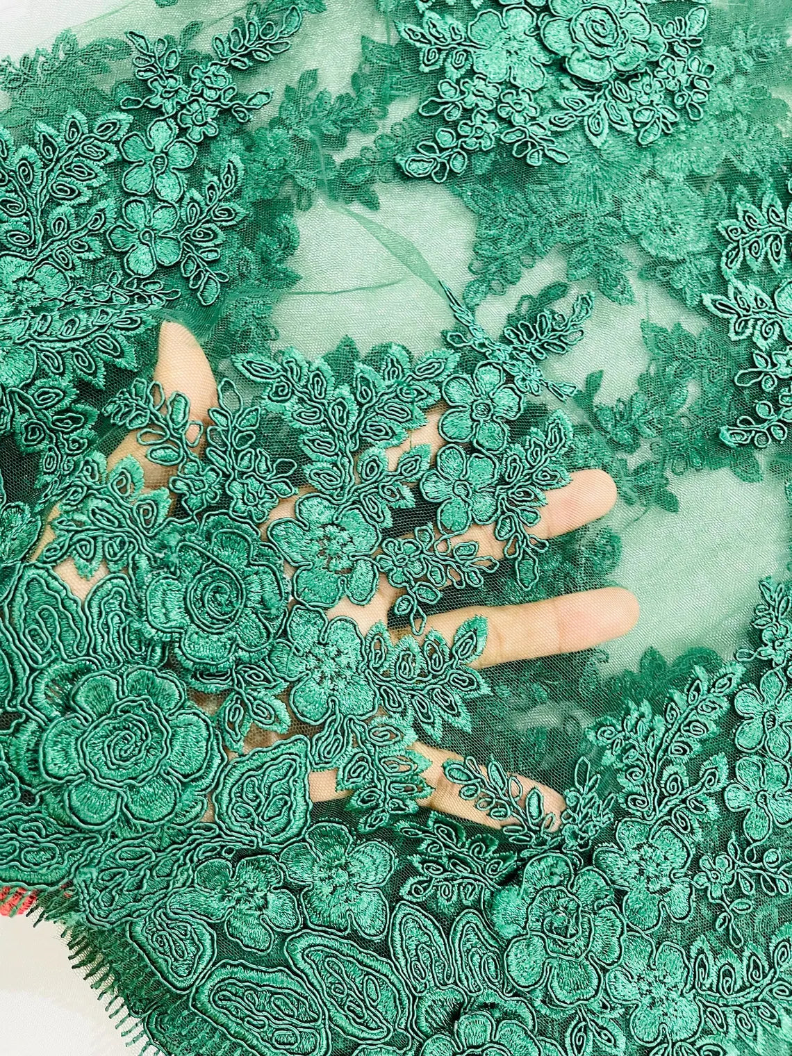 Corded Floral 3D Fabric - Hunter Green - Embroidered Floral Design on Lace Mesh Fabric by Yard