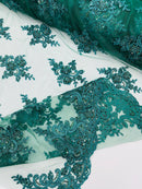 Beaded Floral Fabric - Hunter Green - Floral Cluster Design Fabric with Damask Border by Yard