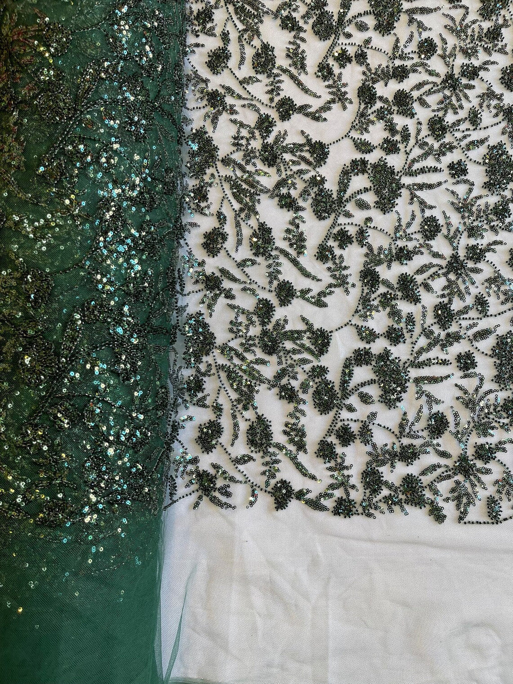 Beaded Floral Plant Design - Hunter Green - Embroidered Beaded Flower Plants Sequins Fabric By Yard