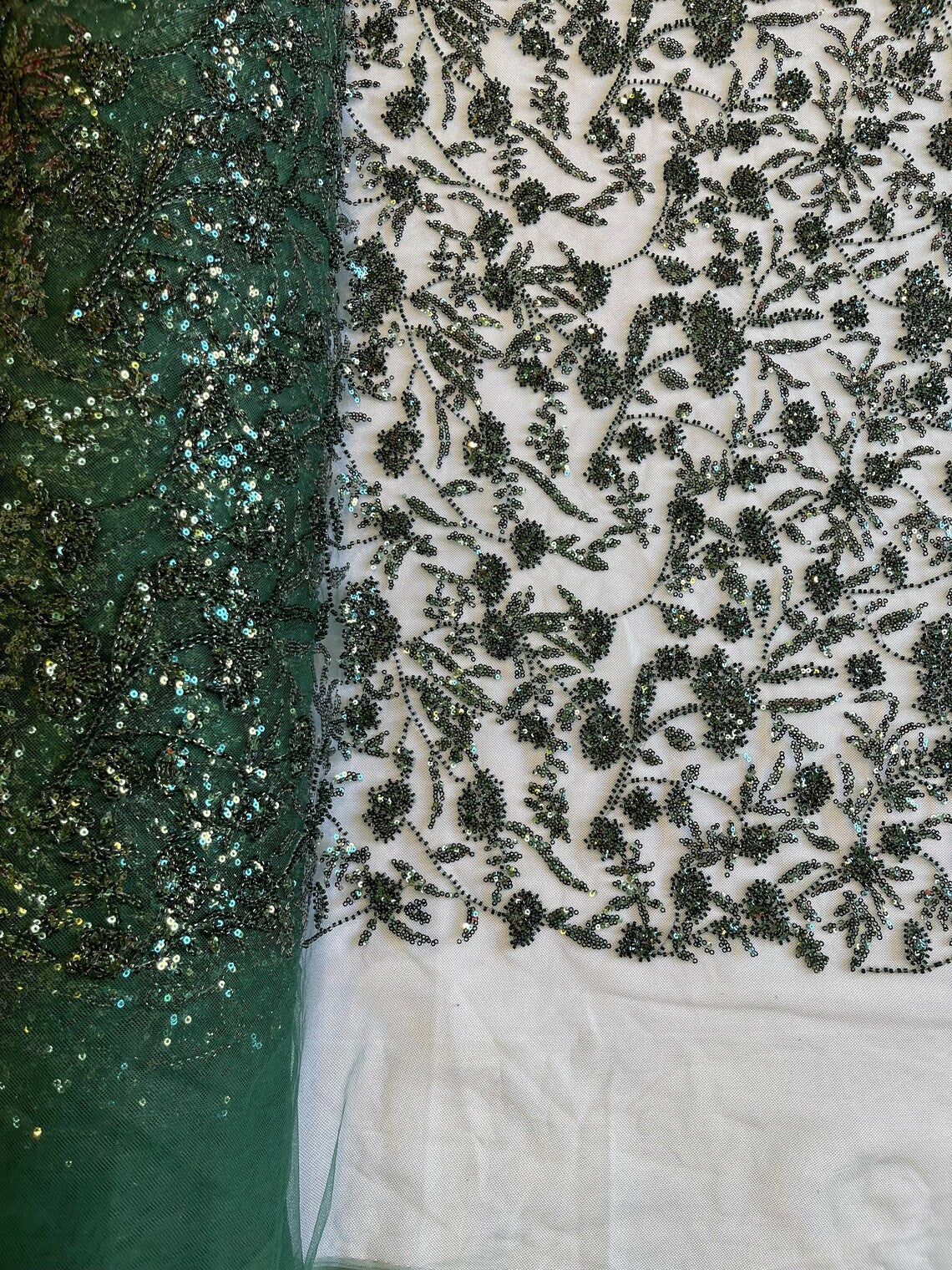 Beaded Floral Plant Design - Hunter Green - Embroidered Beaded Flower Plants Sequins Fabric By Yard