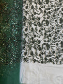 Beaded Floral Plant Design - Hunter Green - Embroidered Beaded Flower Plants Sequins Fabric By Yard