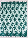 Lace Flower Cluster Fabric - Turquoise - Embroidered Flower With Sequins on a Mesh Lace Fabric By Yard