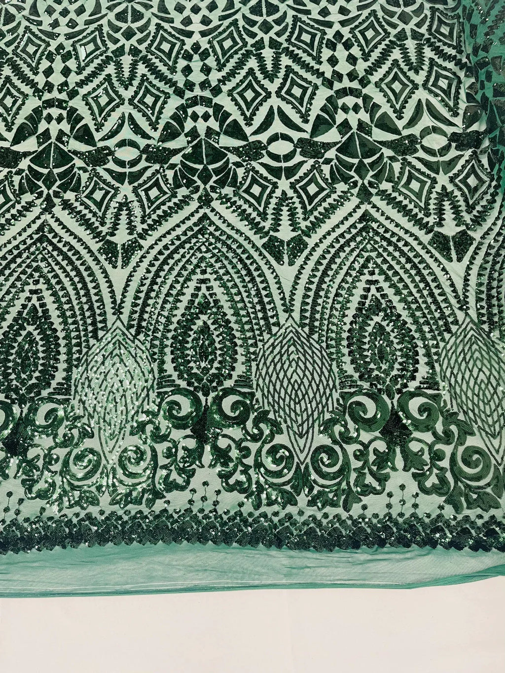 Geometric Pattern Sequins - Hunter Green - 4 Way Stretch Colorful Shine Designer Sequins By Yard
