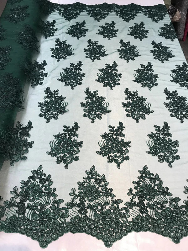 Flower Lace Fabric - Floral Clusters Embroidered Lace Mesh Fabric - 25 Yard Roll