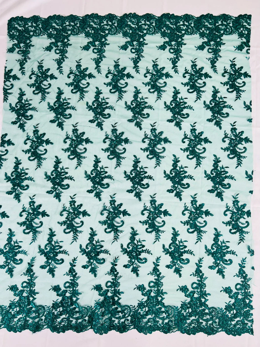 Lace Flower Cluster Fabric - Hunter Green - Embroidered Flower With Sequins on a Mesh Lace Fabric By Yard