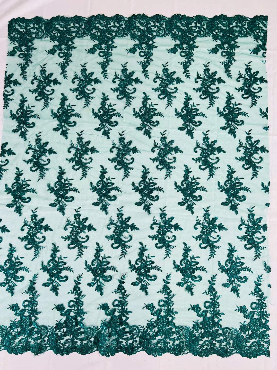 Lace Flower Cluster Fabric - Hunter Green - Embroidered Flower With Sequins on a Mesh Lace Fabric By Yard