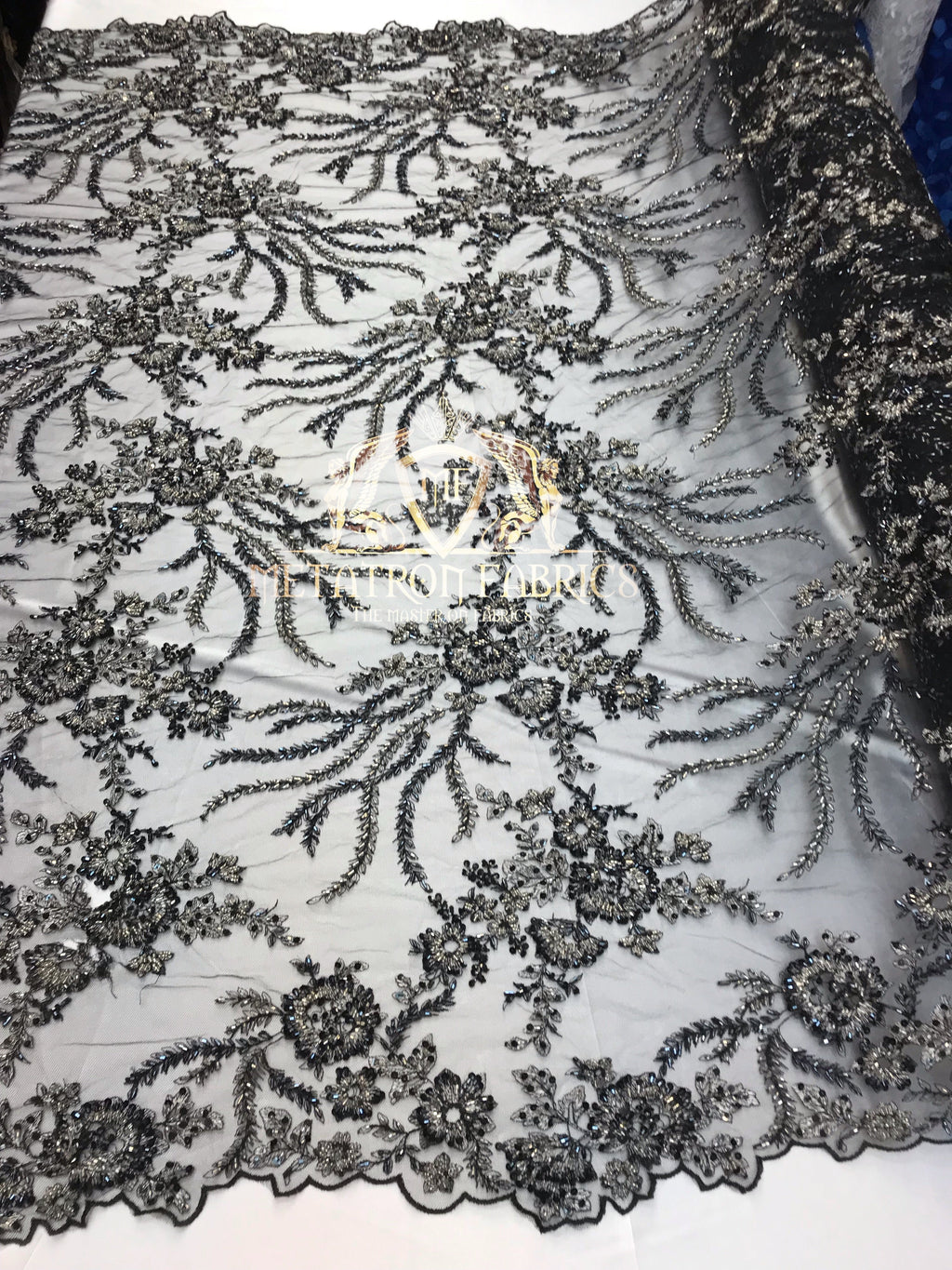 Beaded - Black - Fancy Flower Design Sequins Fabric with Beads Sold By The Yard