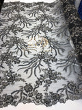Beaded - Black - Fancy Flower Design Sequins Fabric with Beads Sold By The Yard